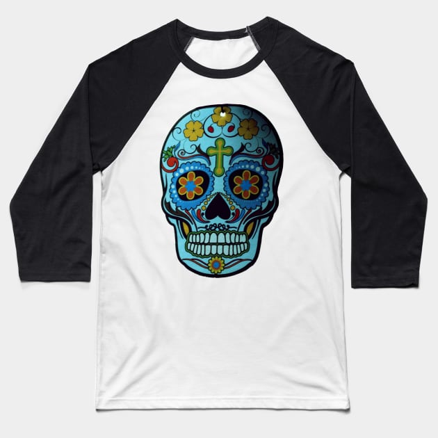 Blue Flowery Sugar Skull Baseball T-Shirt by Humerushumor